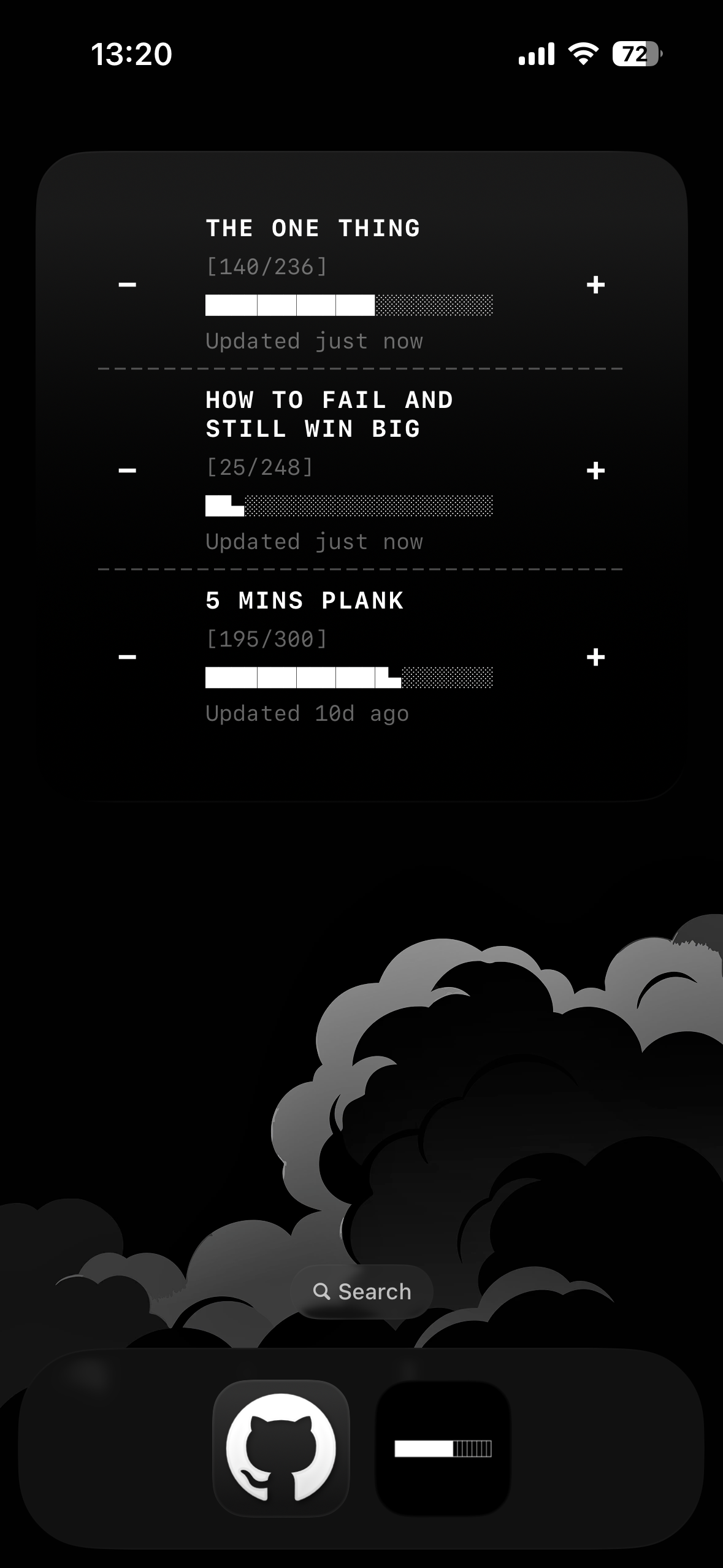 Interactive widget showing plus and minus buttons for updating progress